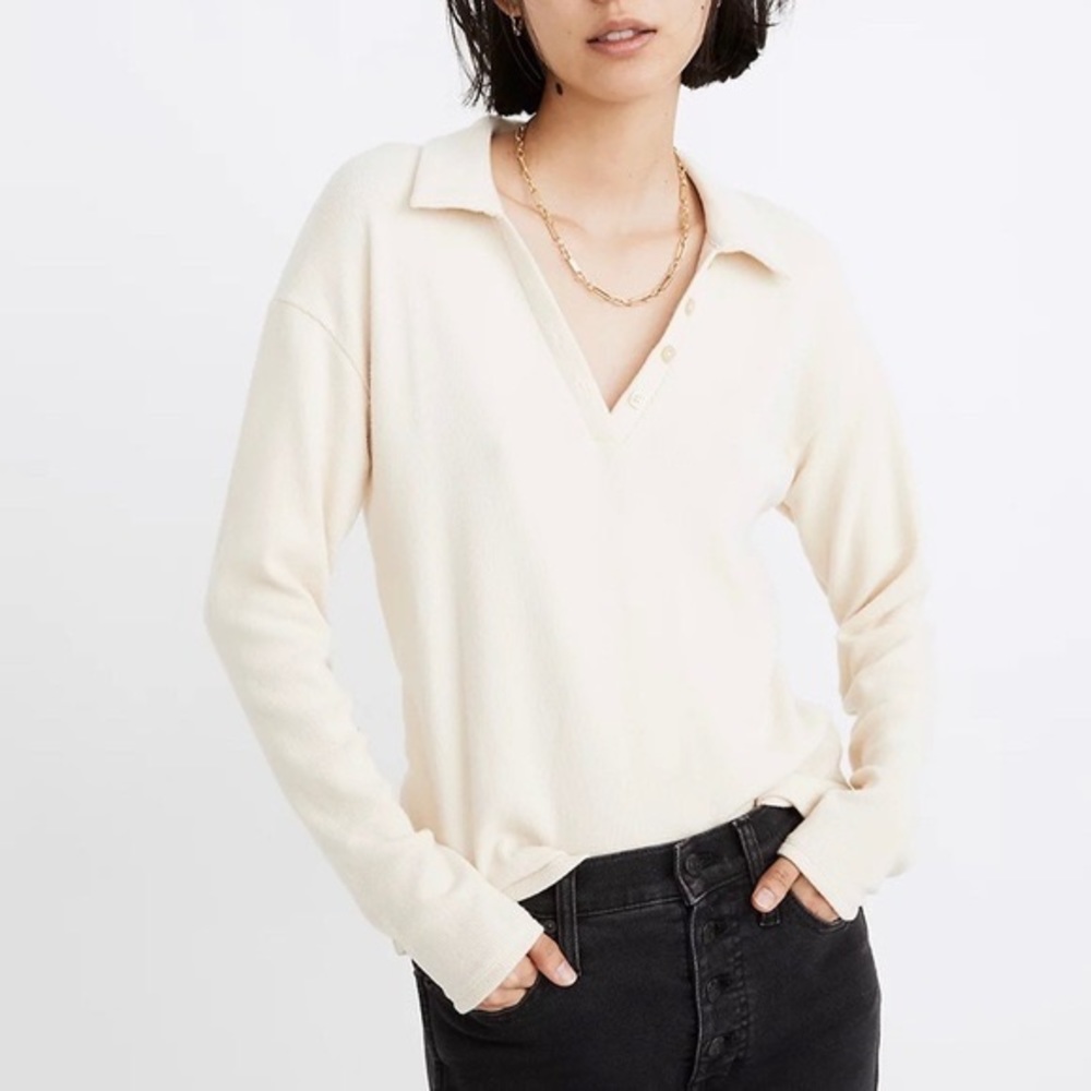 Madewell Plush Ribbed Long Sleeve Polo Cream Size Large